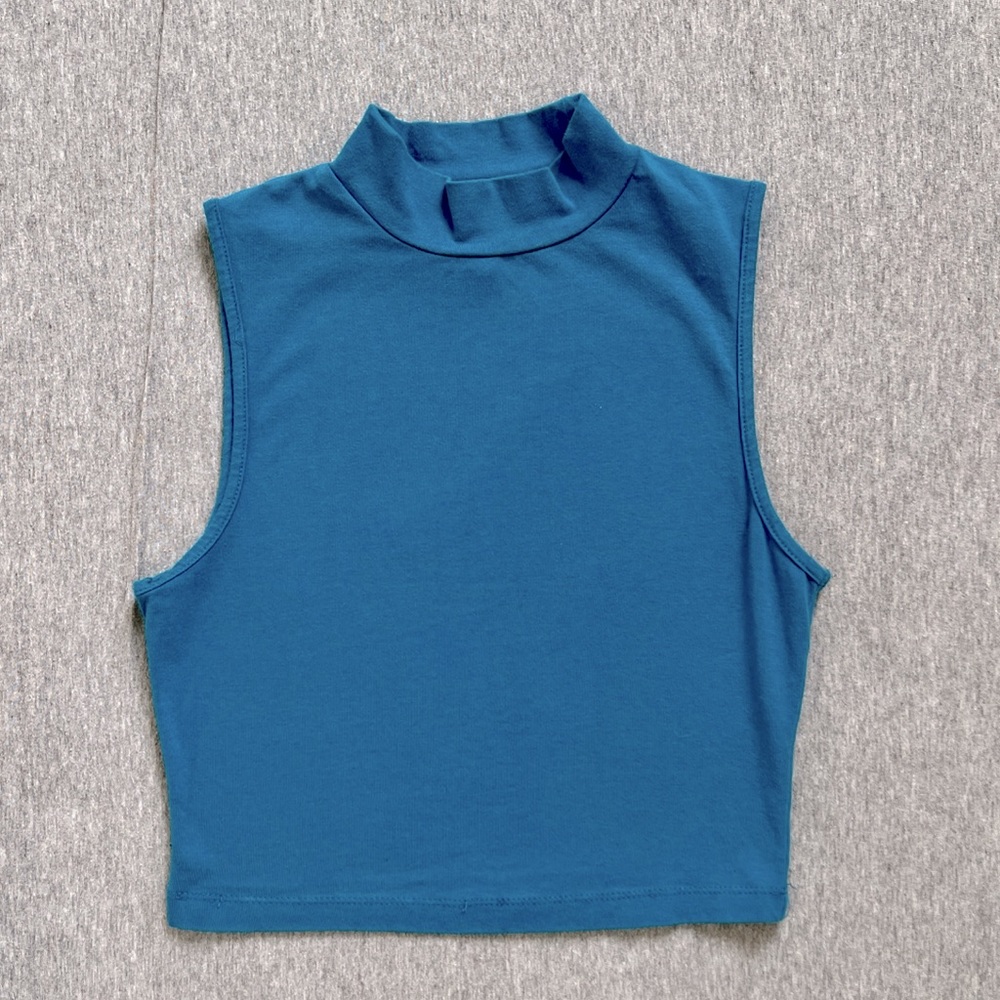Mandees Blue Mock Neck Crop Tank